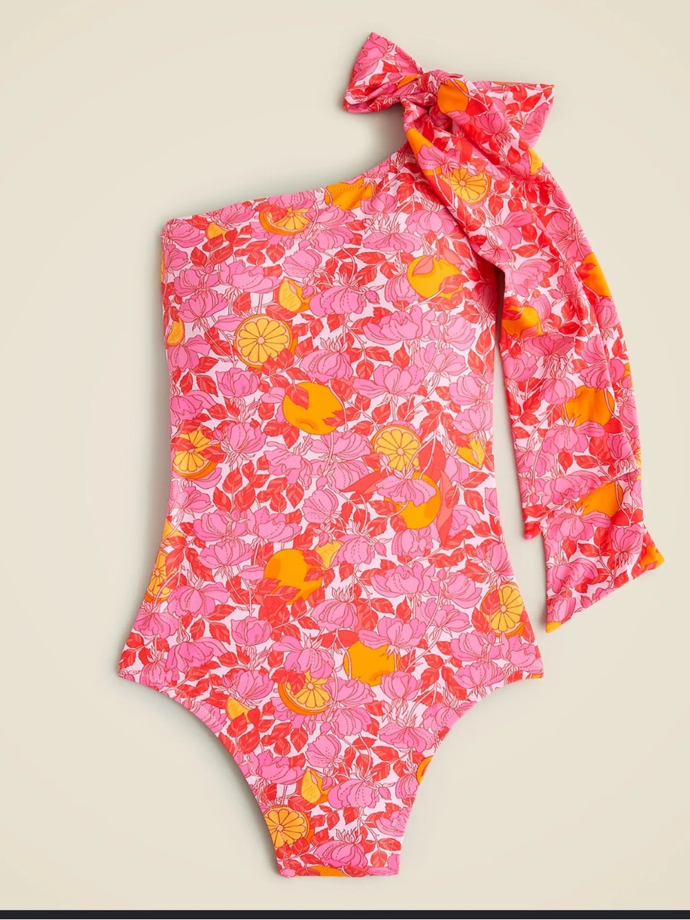 J Crew Bow one-shoulder one-piece swimsuit pink limone print citrus